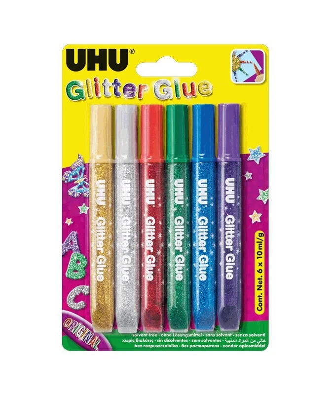 Blister c/6 Tubos Cola Glitter UHU 10mls 39040 Original