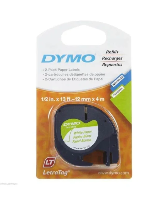 Fita Dymo Papel Letratag 12mm x 4M 91200 Preto / Branco