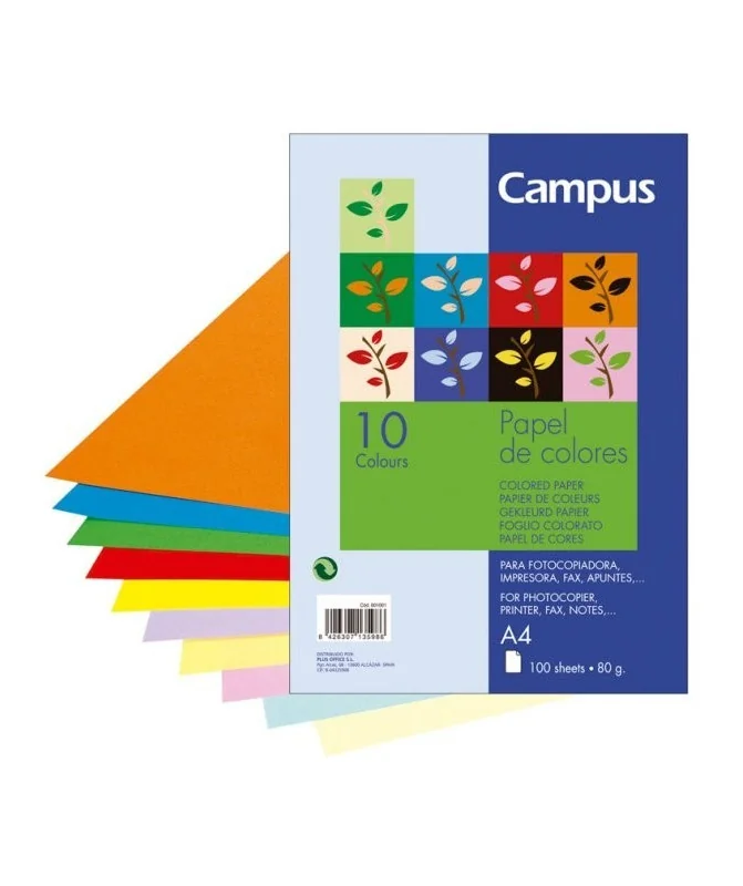 Pack 100 Folhas Papel Fotocópia Campus University A4 80g Cores Sortidas